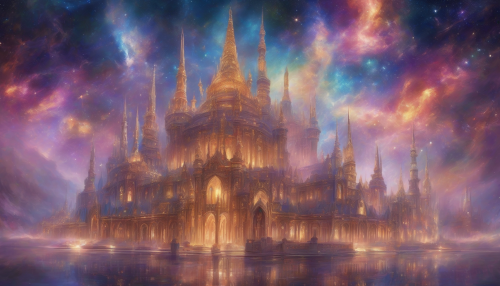 Amidst shimmering stardust, the palace's iridescent spires pierce the celestial canvas, as glittering nebulae dance around its grandeur, bathing the surrounding fantasy realm in an ethereal glow.