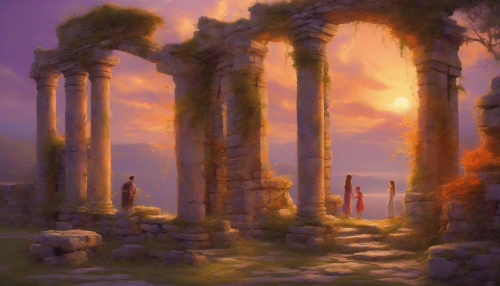 Imagine a breathtaking scene where a loving family stands amidst ancient ruins, bathed in the warm glow of a setting sun. The sky is painted in hues of orange and purple, casting a soft light on crumbling stone columns and moss-covered walls. Laughter and joy resonate as they share a moment of connection, bridging the past and present in a timeless embrace.