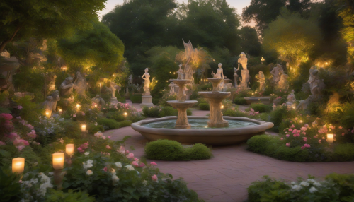 Soft, warm light dances across a whimsical garden, where delicate flowers bloom and lush greenery thrives, as intricate fountains and statues shine with a soft, ethereal glow, inviting all to step into its serene and enchanting atmosphere.