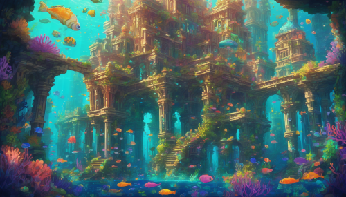 Dive into a vibrant pixel art scene that captures the enchanting beauty of a lost underwater palace. Surrounded by shimmering coral reefs and schools of colorful fish, the grand structure emerges from the depths, adorned with glowing bioluminescent plants. Sunlight filters through the water, creating a magical atmosphere, inviting you to explore its forgotten secrets.