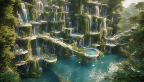 In a lush, vibrant world, ethereal waterfalls cascade into serene pools, encompassed by intricate 3D architecture that blends seamlessly with nature, creating a surreal ambiance of enchantment and tranquility, inviting all to step into its majestic, dreamlike realm.