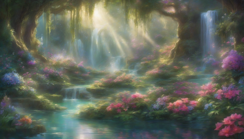 Soft, ethereal light dances across cascading water, as lush greenery and vibrant flowers envelop the mesmerizing scene, inviting all to step into an enchanted realm of wonder and magic.