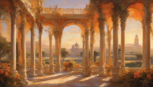 Imagine a grand scene where opulent Baroque architecture melds seamlessly with the stunning expanses of the Golden Savannah. Intricate columns and lavish decorations glisten under the warm sun, while tall grasses sway gently in the breeze. A vivid sunset bathes the landscape in hues of orange and gold, creating a mesmerizing contrast between art and nature's beauty.