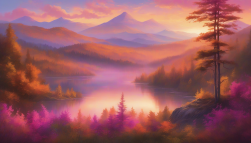 Warm sunlight casts a golden glow on rolling hills, serene lake, and dense forest, with misty mountains rising in the distance, underneath a vibrant sky with hues of orange, pink, and purple, inviting a sense of peacefulness and tranquility.