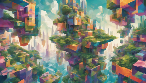 Cubist floating islands drift through the air, their geometric forms overlapping and blending in a kaleidoscope of colors, as futuristic skyscrapers and lush greenery merge in a dreamlike atmosphere.