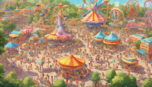 A sun-drenched amusement park filled with colorful rides, smiling children, and lush greenery, as laughter and excitement fill the air on a warm summer day surrounded by balmy breezes and sweet treats.