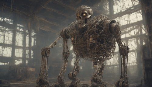 In a desolate, neon-lit wasteland, colossal robotic skeletons stand as a testament to a bygone era, their metallic bones a haunting reminder of forgotten grandeur, interwoven with a latticework of wires and circuitry.