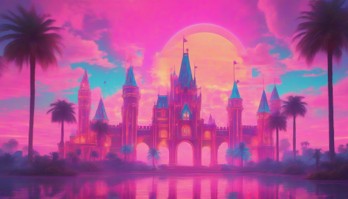 Picture a majestic castle floating amidst pastel pink and blue clouds, enveloped in a surreal haze of neon lights and retro aesthetics. Golden arches and pixelated palm trees frame the scene, while glitch art patterns dance across the sky. A soothing sunset casts a soft glow, merging nostalgia with fantasy, inviting viewers to explore this enchanting world of vaporwave bliss.