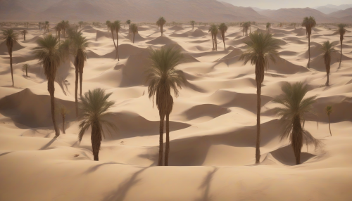 A surreal desert oasis shrouded in an aura of mystery, where crumbling palm trees and whispering sands conceal the lines between reality and illusion, inviting travelers to unravel the enigmas hidden beneath its deceptively serene surface.