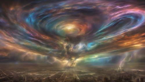 Imagine a swirling vortex of luminous colors converging within the eye of a colossal tornado. This scene captures a surreal moment where time bends and merges, reflecting past, present, and future within the storm’s core. Bright flashes of ancient landscapes and futuristic cities whirl in chaotic harmony, creating an atmosphere of awe and mystery, as if the very fabric of reality is unraveling.