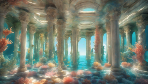 Dive into an enchanting underwater realm where classic architecture intertwines with vibrant coral formations. Majestic marble columns rise from the ocean floor, adorned with intricate sculptures, while schools of colorful fish weave through lush, flowing seaweed. Sunlight filters through the water’s surface, casting ethereal beams that illuminate this harmonious blend of elegance and marine life, creating a breathtaking visual symphony.