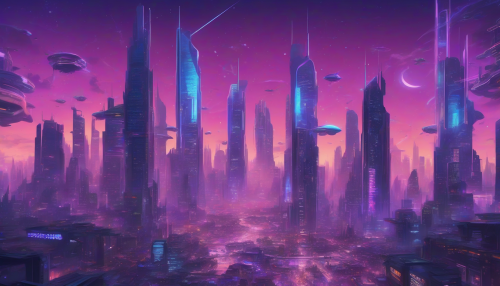 A futuristic metropolis at dusk, with neon lights reflecting off sleek skyscrapers, bustling streets, and flying cars zipping by, set against a mesmerizing purple and blue twilight sky with stars beginning to twinkle.