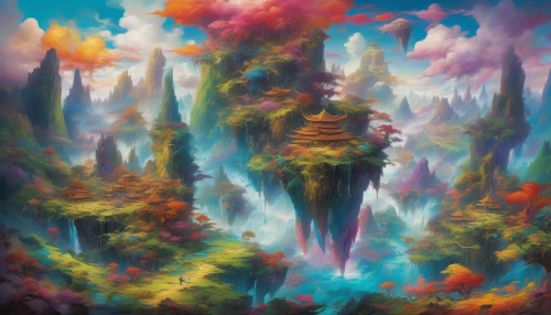 A surreal landscape emerges where vibrant, swirling colors depict floating islands suspended in the air, each island representing a distinct emotion. Jagged peaks rise against a tumultuous sky, while streams of vivid hues cascade like waterfalls. Ethereal figures wander between the islands, their forms blending into the foliage, capturing the essence of expressionism in nature's most fantastical scene.