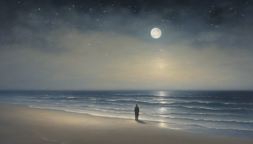 A lone figure stands on a deserted beach, waves gently lapping at their feet, as the soft moonlight casts a serene glow on the vast expanse of the ocean, inviting introspection and peaceful contemplation under the starry night sky.