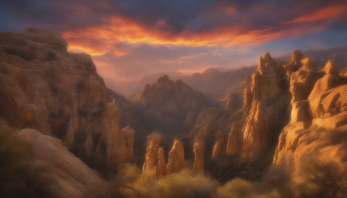 Soft, golden light casts an ethereal glow on Mystic Canyon's rugged landscape, as majestic rock formations stand tall, their silhouettes a striking contrast against the vibrant, sunset-painted sky, evoking a sense of mystique and awe-inspiring wonder.