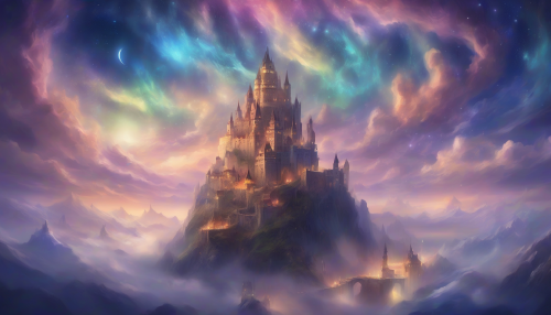 A majestic sky castle floats amidst swirling clouds and shimmering auroras, as wispy winds whisper ancient secrets, and starlight dances across its towers, bathing the mystical fortress in an ethereal glow.