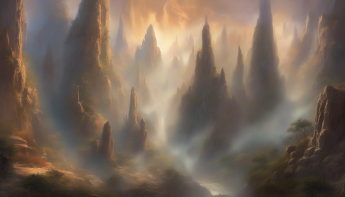 A breathtaking scene of Mystic Canyon illuminated by ethereal light, where towering rock formations resemble ancient cathedral spires. Celestial symbols and religious motifs are intricately carved into the stone, merging nature and spirituality. Wisps of fog swirl around, revealing hidden paths and sacred shrines, inviting the viewer to explore this enchanting landscape where the divine meets the earth.