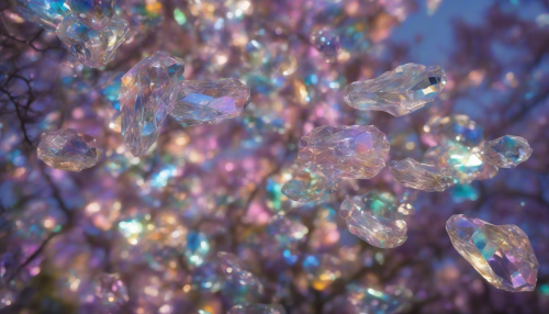 Delicate, iridescent crystals suspended in mid-air, reflecting shimmering hues across the sky, as skilled curators nurture and prune the luminous gardens, their gentle touch guiding the crystals' growth amidst the whispering breeze.