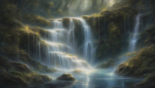 Softly glowing waterfalls weave a mesmerizing dance, as memories from past and present blend with the glistening droplets, creating an ethereal atmosphere that whispers secrets to those who approach, inviting all to step into the mystical realm.