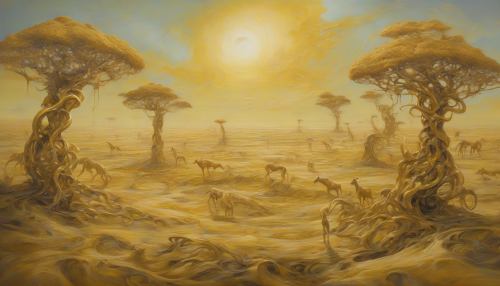 In this anti-realism piece, the Golden Savannah becomes an ethereal dreamscape, twisted and warped beyond recognition, yet retaining its striking hues of gold. The endless plains disintegrate into spiraled vortexes, the acacias morph into strange, grotesque shapes, and the beasts of the wild are presented as cosmic shadows, phantom-like and elusive. The whole scenery seems to melt under a sun that splashes an otherworldly, transcendent light. Yet, despite its surreal vision, the painting still echoes the raw, untamed beauty of the Savannah.