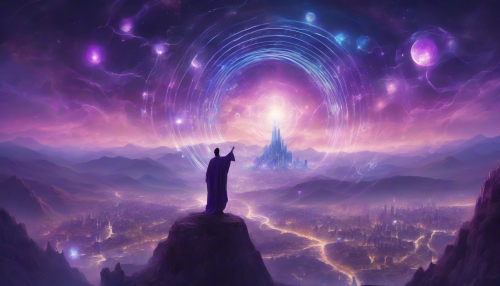 A swirling vortex of purple and blue hues, with glowing orbs and stars, surrounds a majestic, shimmering city, as a figure with outstretched arms stands atop a mountain, basking in an otherworldly glow, symbolizing the revelation of ancient prophecies.