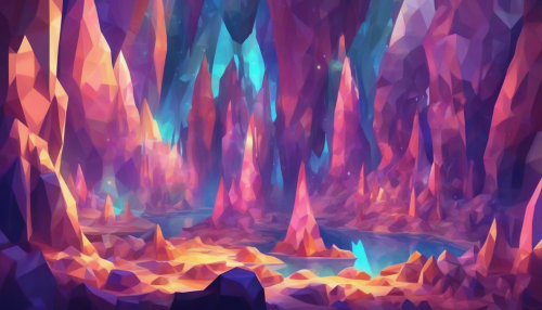 Glowing caverns and iridescent rocks illuminate a mystical realm, as low poly landscapes converge with radiant beauty, inviting exploration and wonder in an ethereal world of shimmering lights.