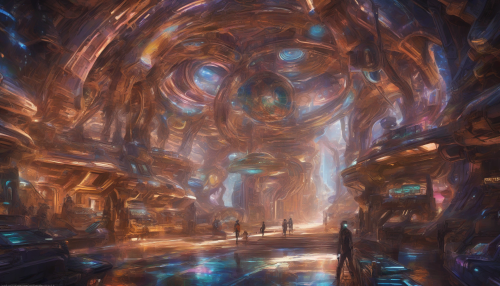 Vibrant, intergalactic mines hum with activity, as alien species merge traditional architecture with futuristic technology, creating a mesmerizing fusion of styles and cultures amidst the celestial landscape.