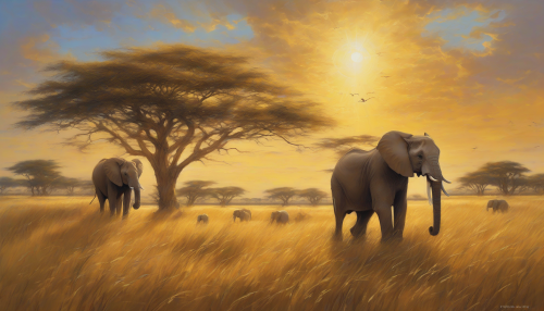 A golden savannah stretches under a vibrant sky, where whispers of hope dance with the warm breeze. Tall grasses sway gently, interrupted by clusters of acacia trees that reach towards the sun. In the distance, a family of elephants roams peacefully, embodying the spirit of unity and dreams fulfilled. The scene radiates tranquility, inviting explorers to wander into its golden embrace.