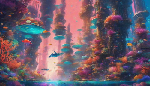 Dive into an otherworldly scene where vibrant, prismatic coral reefs burst with iridescent colors, illuminating a futuristic underwater city. Strange, bioluminescent creatures glide through the crystal-clear waters, their movements synchronized with the pulsing glow of the corals. Towering kelp forests sway gently, framing sleek, sci-fi architecture that blends harmoniously with the natural beauty, creating a breathtaking fusion of nature and technology.