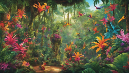 Vibrant colors dance across the lush rainforest, as exotic flowers bloom amidst the trees, and lively music fills the air, creating an immersive celebration that echoes through the jungle, blending joy and nature.