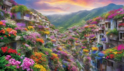 Vibrant city streets meet serene nature, as Hidden Valley of Flowers bursts with colorful blooms, transforming concrete jungles into lush escape, harmonizing urban style with flourishing greenery.