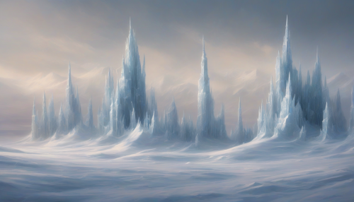 Delicate ice spires rise from the frozen tundra, their crystalline peaks shimmering in the pale light, surrounded by vast expanses of untouched snow, evoking a hauntingly beautiful stillness.