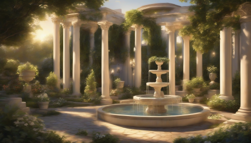 A serene, moonlit gardenscene with Greek columns, soft fountain water, and lush greenery, surrounded by warm, golden lighting and gentle shadows, evoking a sense of timeless beauty and sophistication.