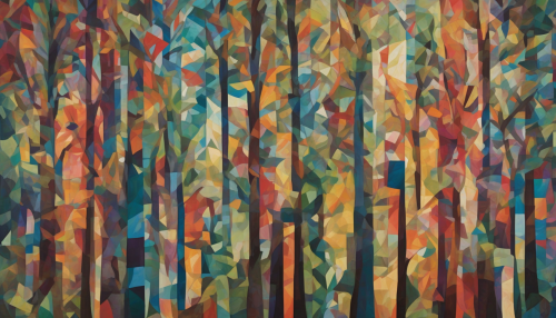 Fragmented tree trunks and leaves weave together in a vibrant, geometric tapestry, as the Towering Enchanted Forest is reimagined through Cubist eyes, with bold, overlapping shapes and colors blending reality and fantasy.