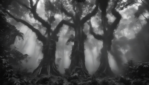 Shadows dance upon ancient tree trunks, as mist swaths the tropical rainforest, veiling its depths in an eerie silence, with black and white hues that accentuate the mystical ambiance of this primordial world.