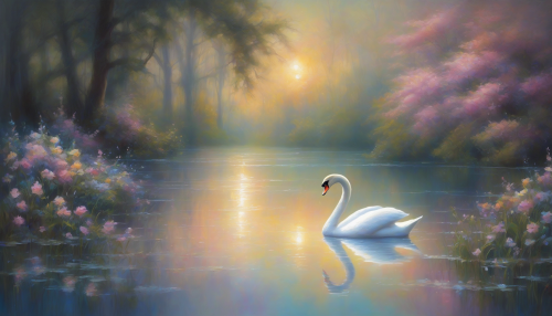 Soft, ethereal light dances across a serene lake, surrounded by towering trees and vibrant flowers, as a lone swan glides effortlessly, creating ripples that shimmer like diamonds in the quiet, peaceful night, evoking a sense of enchantment and wonder.