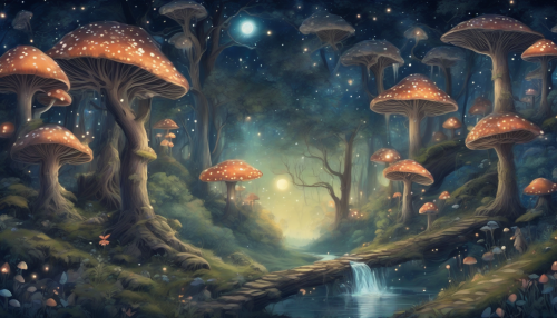 A mystical forest with ancient trees, glowing mushrooms, and fireflies, under a starry night sky with a full moon, surrounded by rolling hills and a distant, shimmering waterfall, inviting exploration and magic.