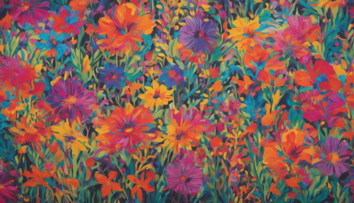 Vibrant flowers in Hidden Valley dance across the canvas, bold lines and bright colors blending in a mesmerizing tapestry, as Warhol-esque repetition meets whimsical nature, creating a captivating visual experience.