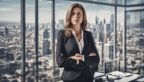 A confident woman in a sleek business suit stands in a modern office, surrounded by city skyline views, exuding leadership and authority as she gazes out the window, her expression a mix of determination and vision.