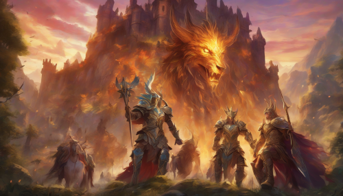 In a mystical realm, legendary heroes gather beneath a blazing sunset, their vibrant armor and majestic mounts illuminated by golden light, as they prepare for an epic quest amidst ancient ruins and whispering forests.