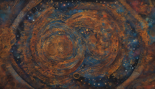 Envision a captivating tapestry that intertwines rich, tribal African art with shimmering starfields. Bold, intricate patterns in earthy tones dance across the canvas, melding seamlessly with vibrant galaxies and twinkling stars that depict the vastness of the universe. This striking fusion celebrates cultural heritage while evoking a sense of wonder and connection to the cosmos above.