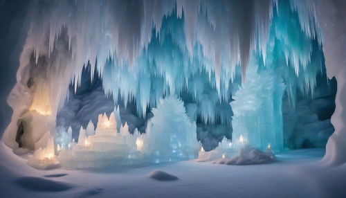 Glittering ice formations illuminate the caverns as festivities unfold, with lanterns and aurora-like lights dancing across frozen walls, harmonizing with gentle chanting and ethereal music.