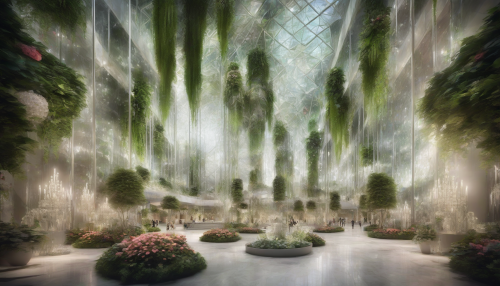 Lush greenery and vibrant blooms envelop a majestic Underground Crystal Cathedral, where glittering crystals pierce the ceiling and delicate roots weave through its facets, creating an ethereal, shimmering sanctuary.