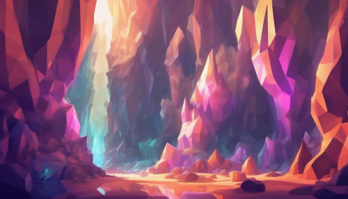 A mesmerizing low poly world where luminescent caves shimmer with an ethereal glow, fragmented rock formations glisten, and an iridescent ambiance envelops all, inviting exploration of the radiant, mysterious depths within.