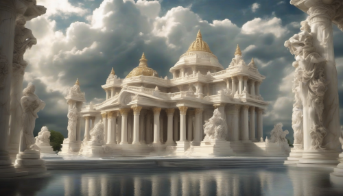 Imagine a breathtaking scene where the grandeur of Classicism intersects with the raw power of nature. Envision a majestic marble temple surrounded by swirling winds, with an eye-shaped vortex prominently in the center. The classical architecture, adorned with intricate sculptures and columns, stands resilient against the turbulent skies, while luminous light breaks through the storm, casting an ethereal glow.