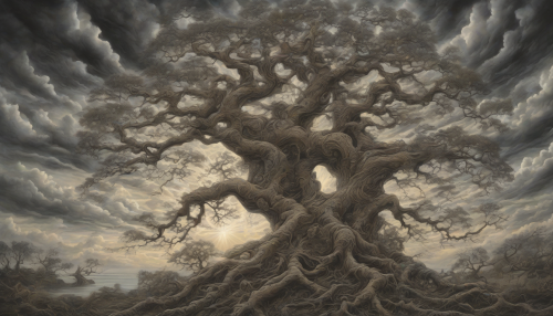 Envision a majestic, gnarled tree standing tall in a vibrant, surreal landscape, its branches intertwining with dark storm clouds and bright rays of sunlight. The bark is etched with ancient symbols, glowing with wisdom. Below, a contrasting scene of chaos unfolds, as figures from different eras clash amidst the serene roots, symbolizing the everlasting conflict between enlightenment and ignorance.