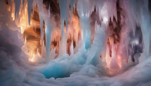 Delicate, shimmering ice formations dance amidst a swirling vortex of colors, as soft, ethereal light illuminates the caverns, evoking a dreamlike atmosphere of celestial wonder and enchantment.