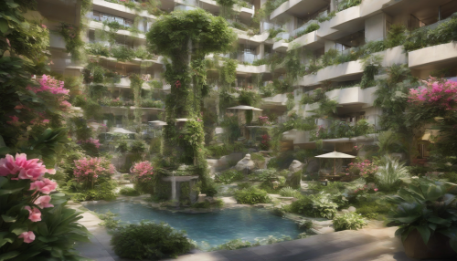 Lush greenery and vibrant flowers spill from hanging gardens, surrounded by a soothing melody of gentle water features, creating a serene ambiance that immerses all who enter in a sense of environmental harmony and tranquility.