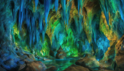 Vibrant luminescent caves swirl with colors, evoking emotions that dance across the walls, as shimmering hues of blue and green echo feelings of serenity and wonder, immersing all who enter in an aura of enchantment.