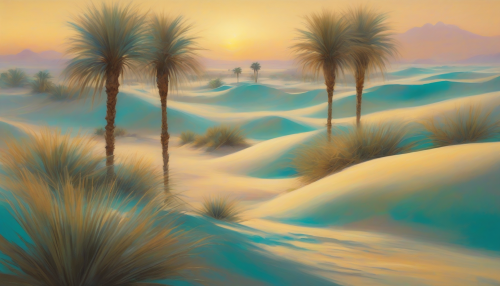 Softly shimmering gradients of turquoise and gold envelop a mystical desert oasis, with palm trees swaying gently amidst the dunes, as the sun sets behind a veil of iridescent mist.